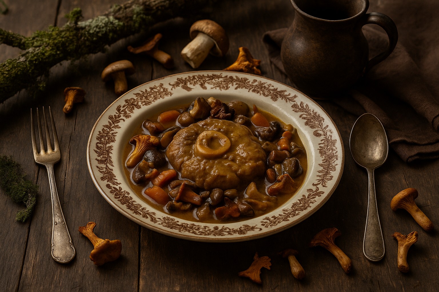 Osso-bucco de dinde mijoté aux cèpes et girolles dans une cocotte de campagne