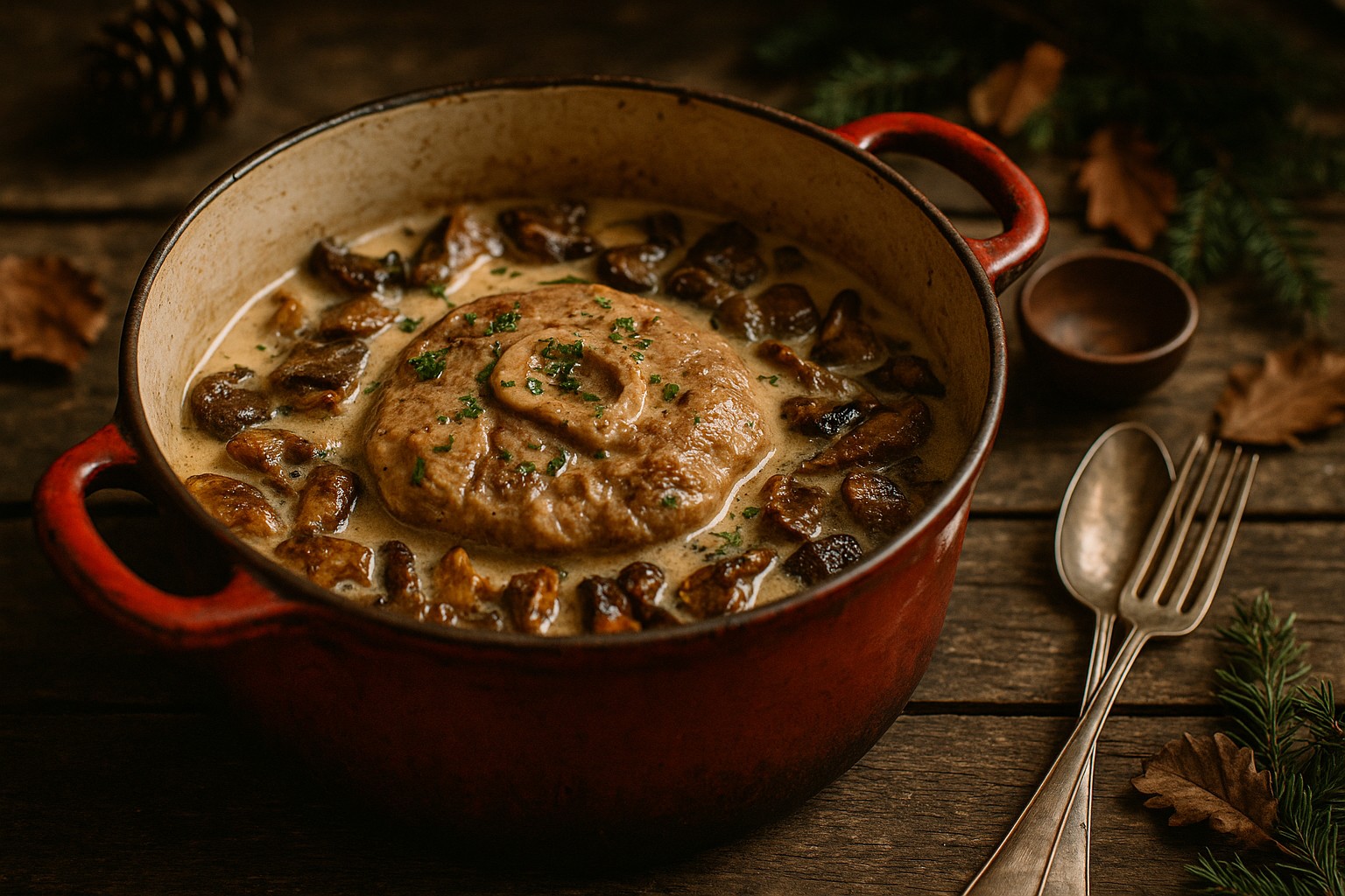 Osso-bucco de dinde mijoté dans une cocotte en fonte avec cèpes et girolles