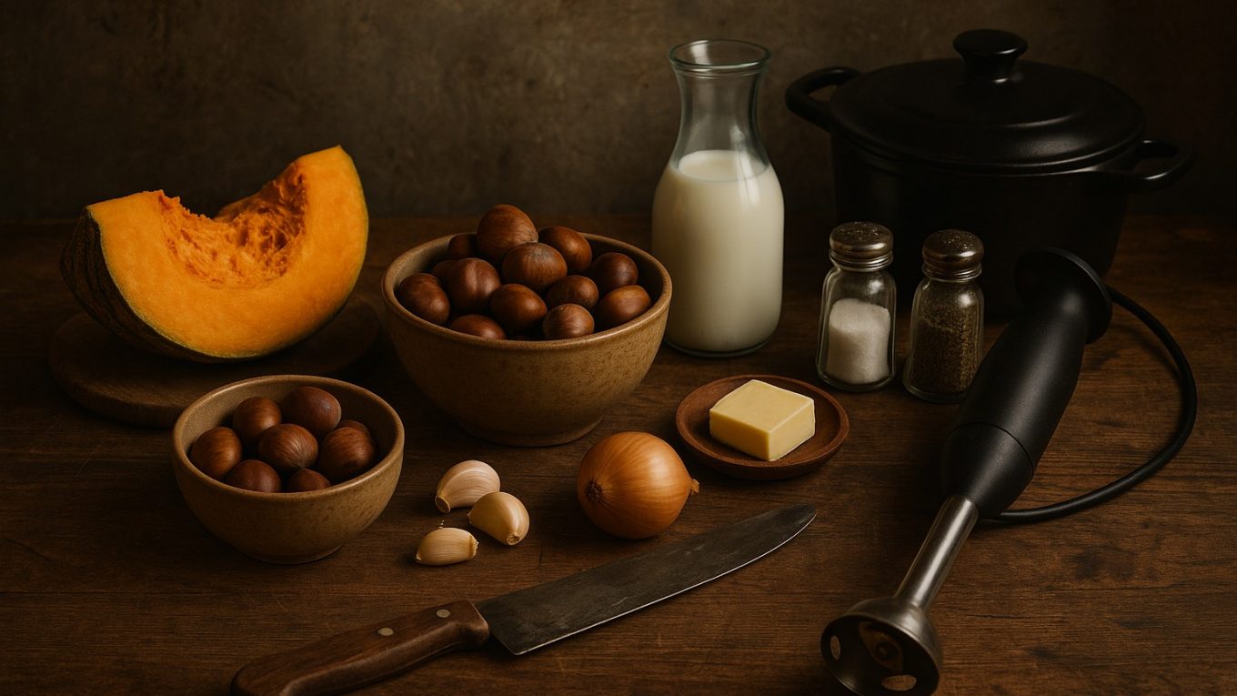 Ingrédients et ustensiles pour un velouté de potiron et châtaignes : potiron découpé, châtaignes, oignon, ail, lait, beurre, cocotte noire et mixeur plongeant, sur une table en bois rustique.