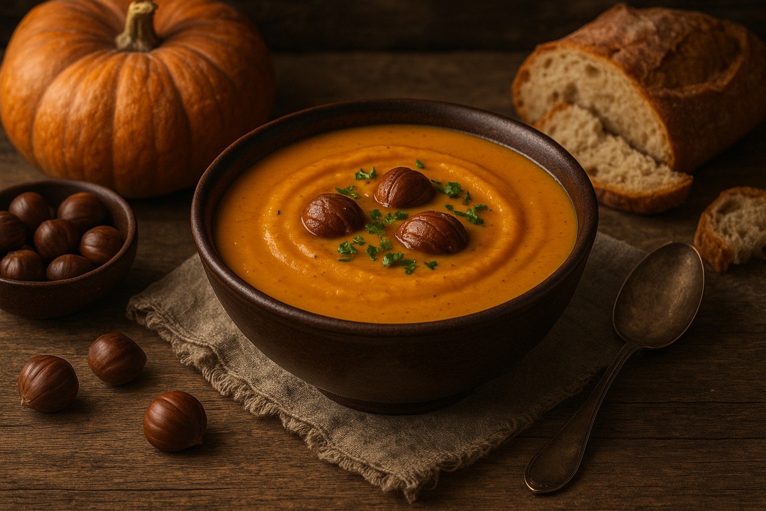 Bol rustique de velouté de châtaignes et potiron, nappé d’un filet de crème et décoré d’éclats de châtaignes grillées.
