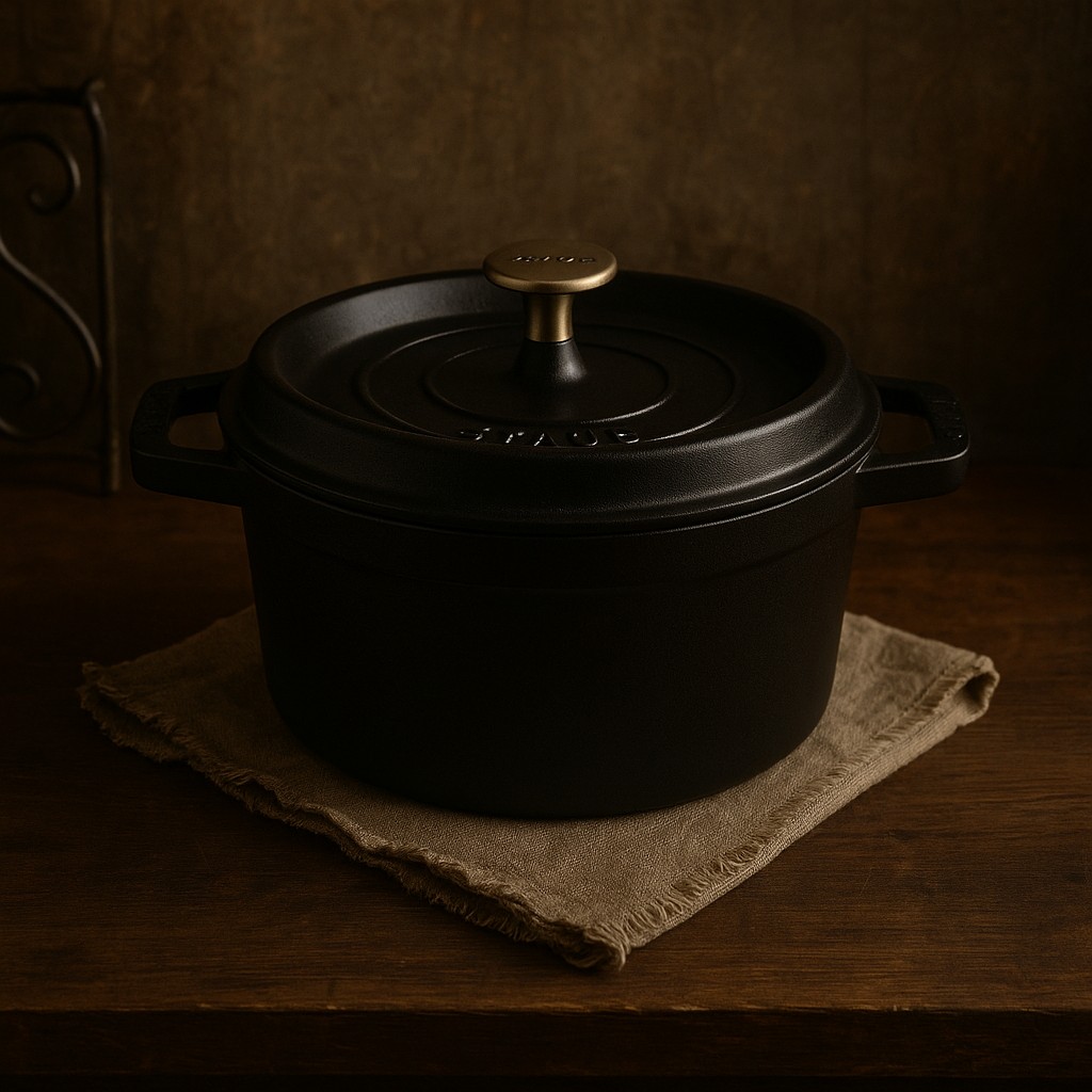 Cocotte en fonte Staub noire posée sur une table en bois dans une cuisine de campagne ancienne, éclairée d’une lumière douce et dorée, avec un torchon en lin et un décor rustique.