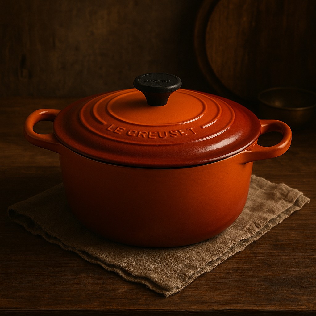 Cocotte en fonte Le Creuset rouge orangé posée sur une table en bois rustique, dans une cuisine ancienne de campagne éclairée d’une lumière chaude et nostalgique.
