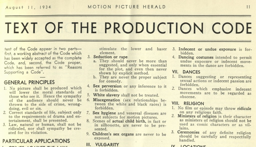 Texte original du Code Hays publié dans le Motion Picture Herald, 11 août 1934