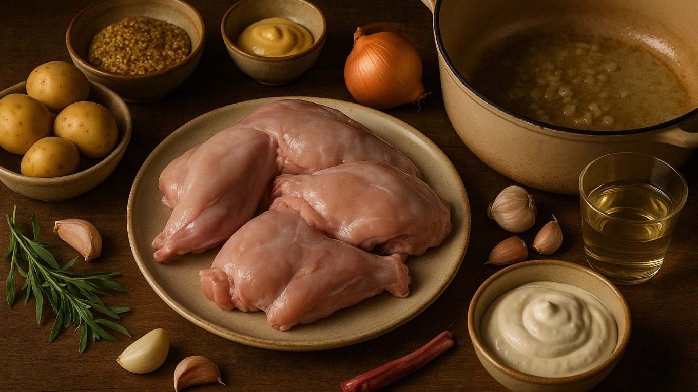 Ingrédients pour un lapin à la moutarde à l’ancienne — morceaux de lapin crus, moutarde, crème, vin blanc, ail, échalote et pommes de terre.