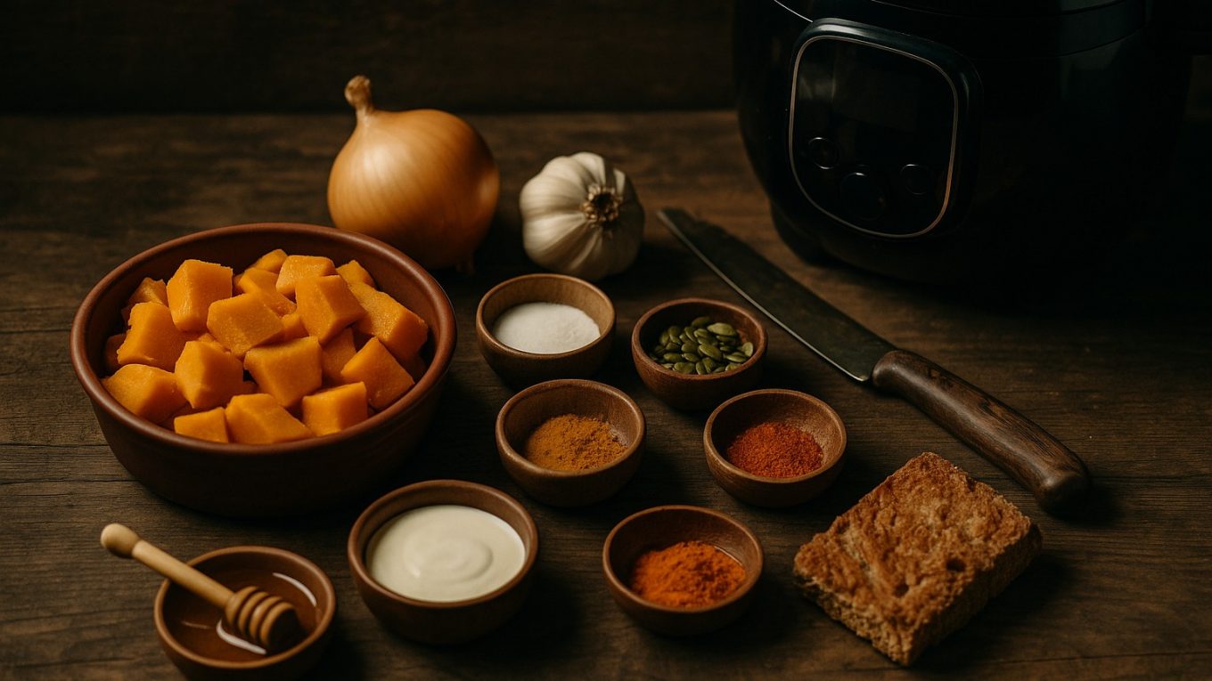Ingrédients et ustensiles d’une soupe de citrouille au miel et au paprika, posés sur une table en bois rustique avec un Cookeo, oignon, ail, miel, épices et pain rassis.