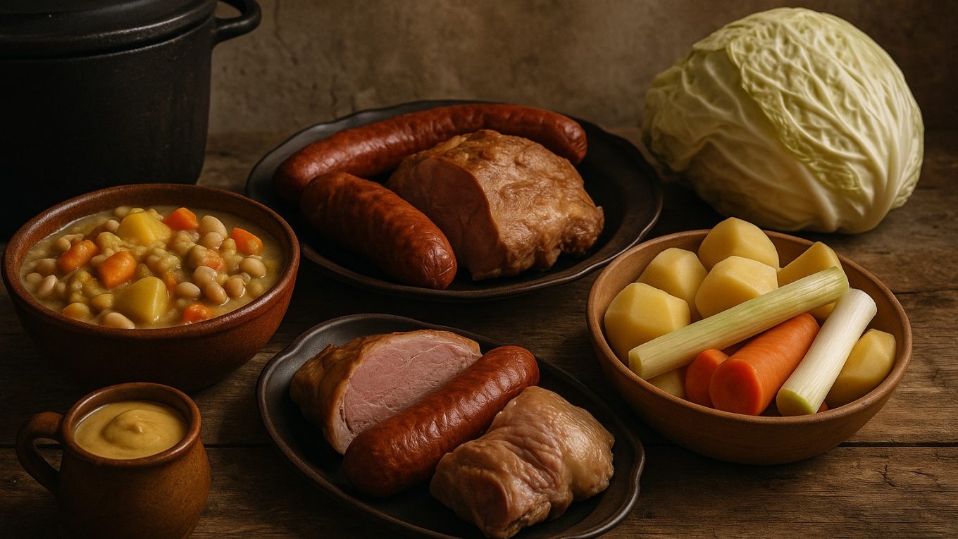 Ensemble des ingrédients d’une potée rustique : chou vert, carottes, pommes de terre, poireaux, jarret et saucisses fumées, mogettes, moutarde et herbes sur une table de cuisine ancienne.