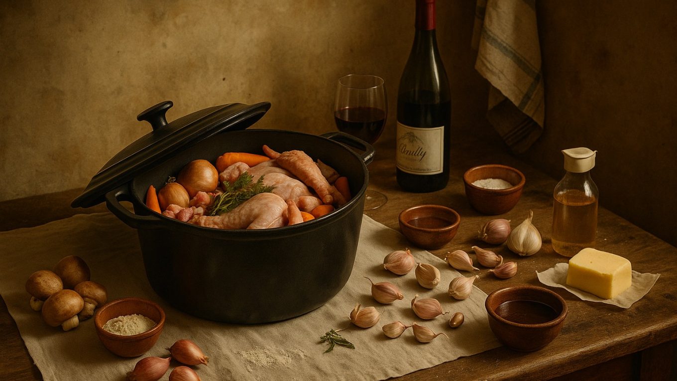 Ingrédients disposés sur une table rustique du Berry : cocotte en fonte entrouverte, morceaux de poule crue, carottes, oignons, échalotes, lardons, bouquet garni, bouteille de vin rouge et torchon ancien.