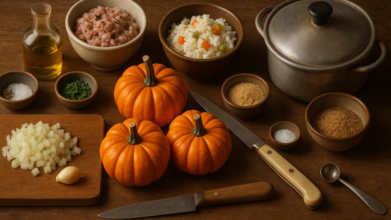 Ingrédients pour courges Jack Be Little farcies : petites courges, farce à légumes, riz cuit, oignon, ail, œuf, persil, huile d’olive, chapelure et ustensiles rustiques sur table en bois.