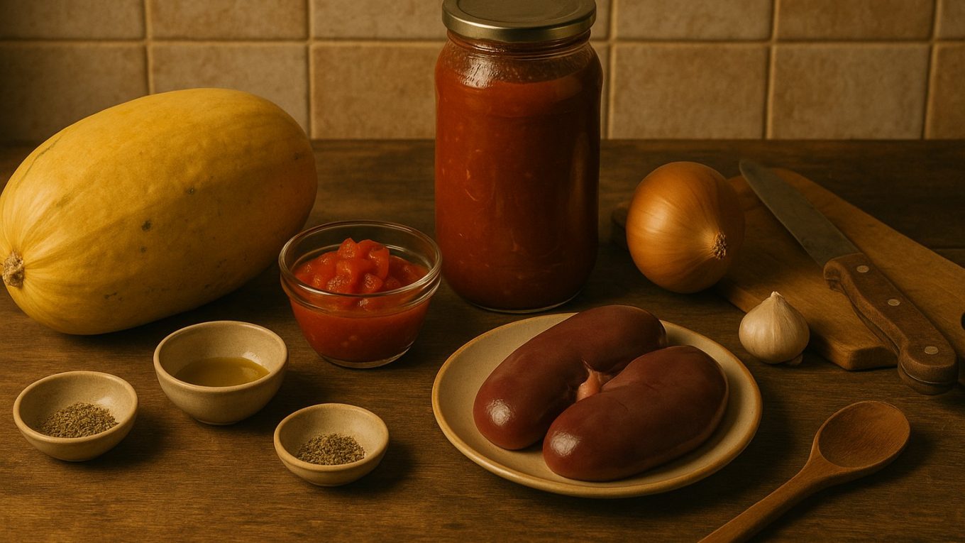 Ingrédients principaux de la recette de courge spaghetti aux rognons de porc à la sauce légère, présentés sur une table en bois rustique avec un bocal de tomates maison.