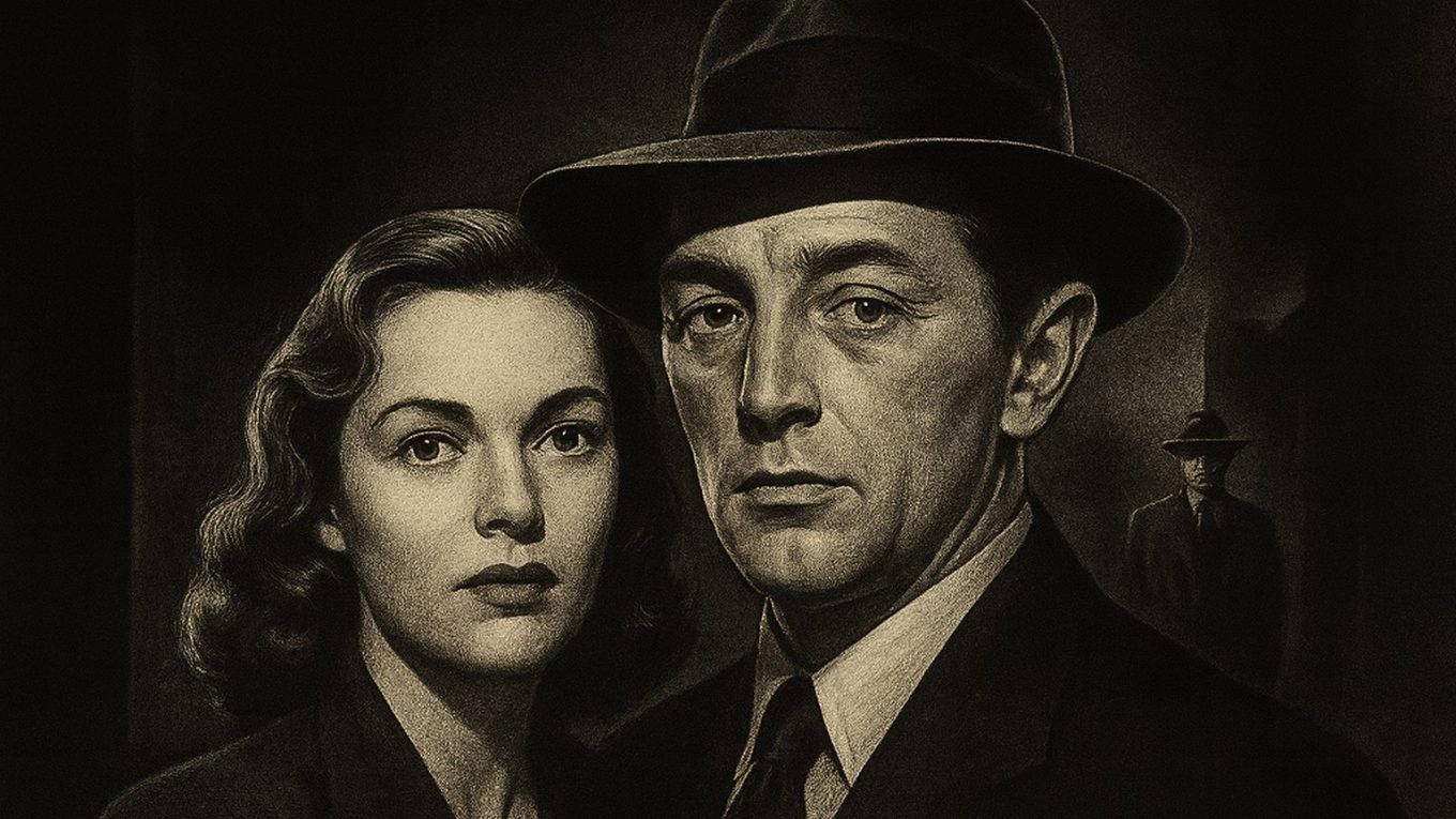 Portrait noir et blanc de Robert Mitchum et Jane Greer dans une ambiance de film noir des années 1940, éclairage dramatique en clair-obscur.