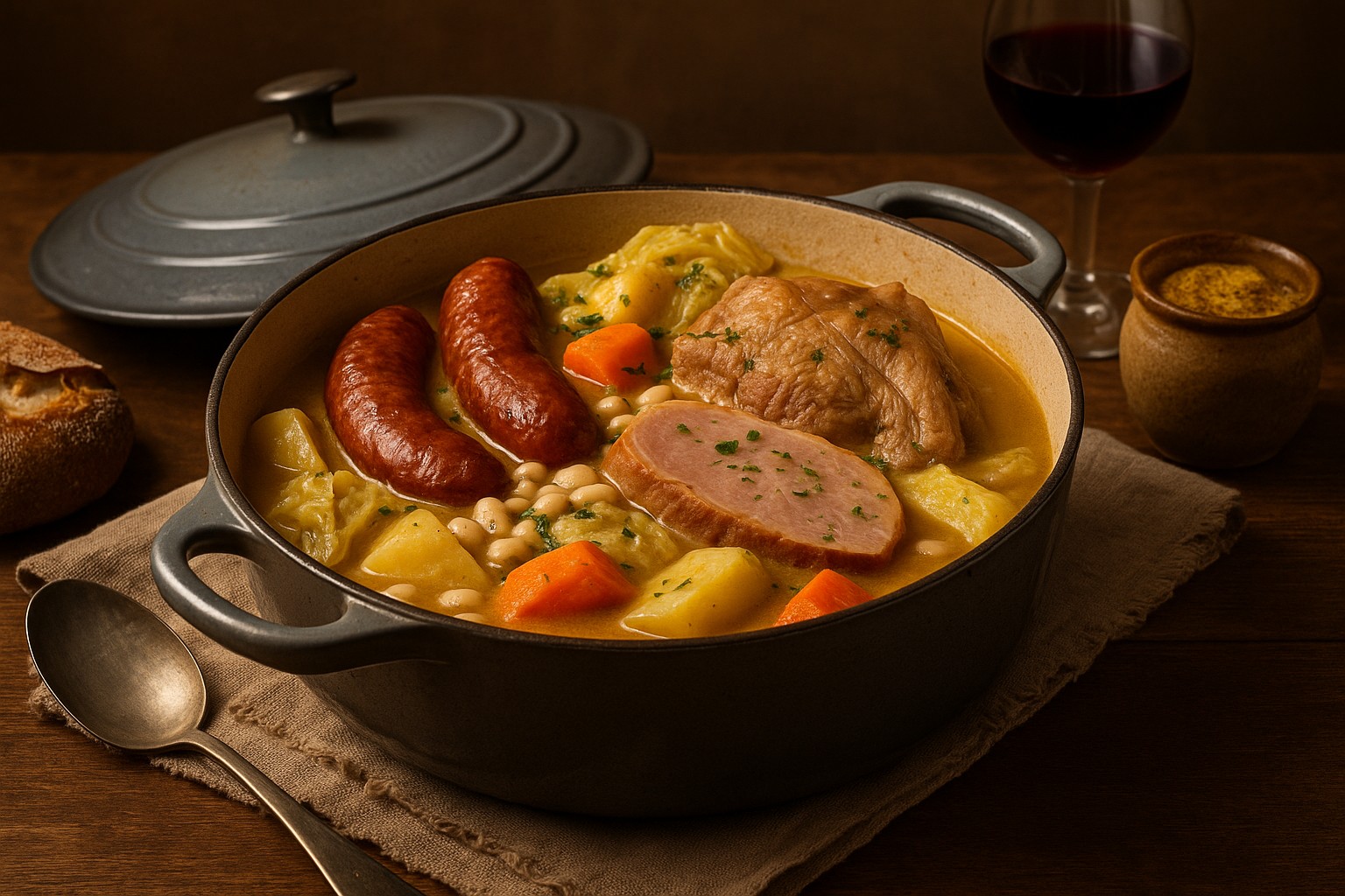 Potée rustique servie dans une cocotte en fonte, légumes et viandes nappés de sauce moutarde