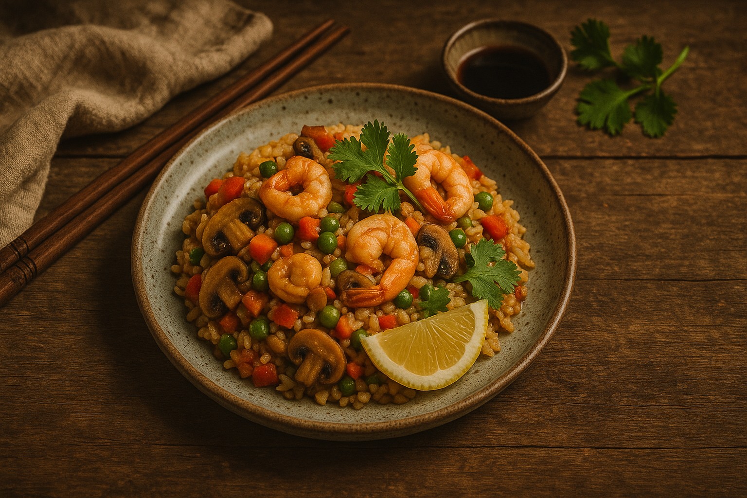 Riz sauté aux fruits de mer servi dans un bol rustique