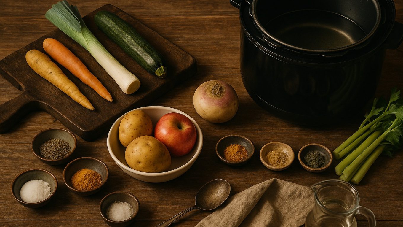 Ingrédients frais pour soupe de légumes disposés sur une table rustique avec un Cookeo, des épices et des ustensiles anciens.