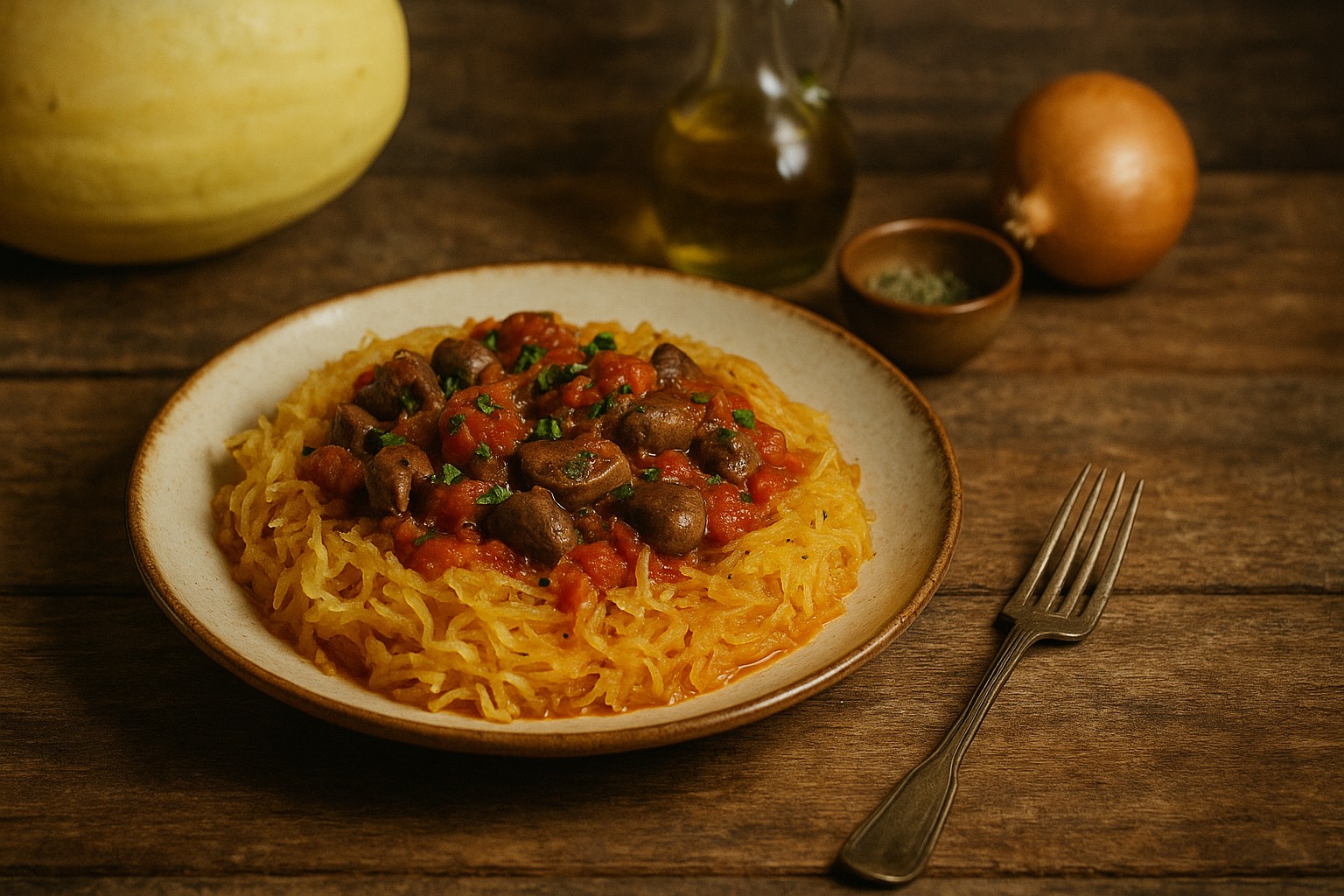 Courge spaghetti aux rognons de porc servie chaude dans une assiette rustique