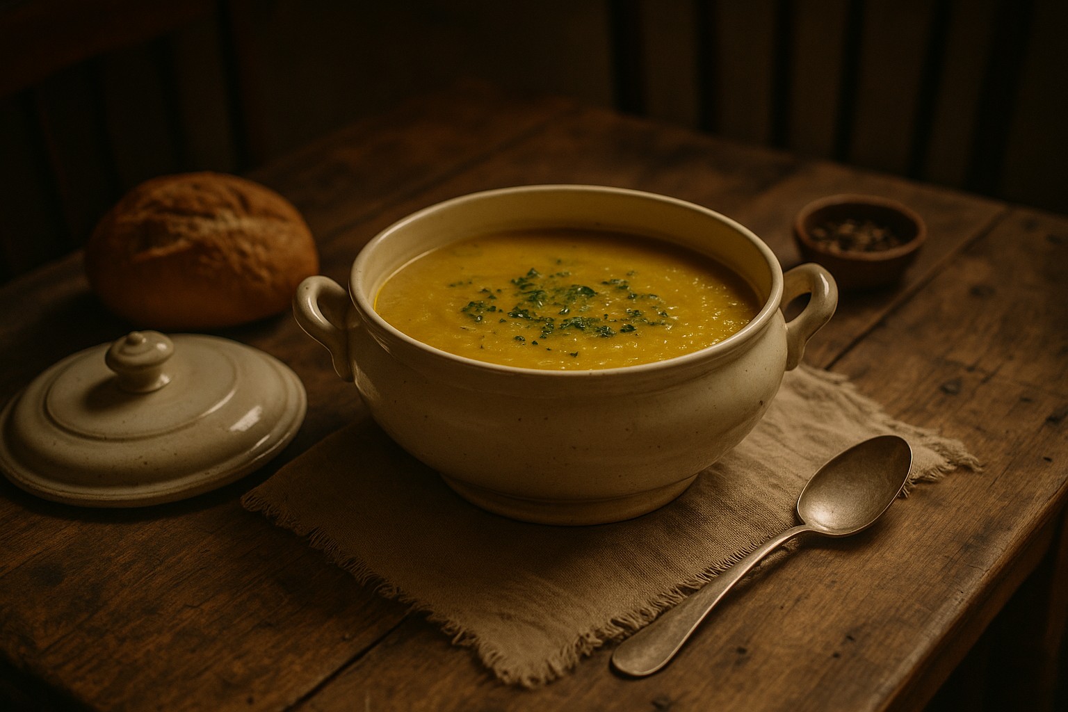 Ingrédients et ustensiles pour soupe de légumes douce et parfumée sur table rustique