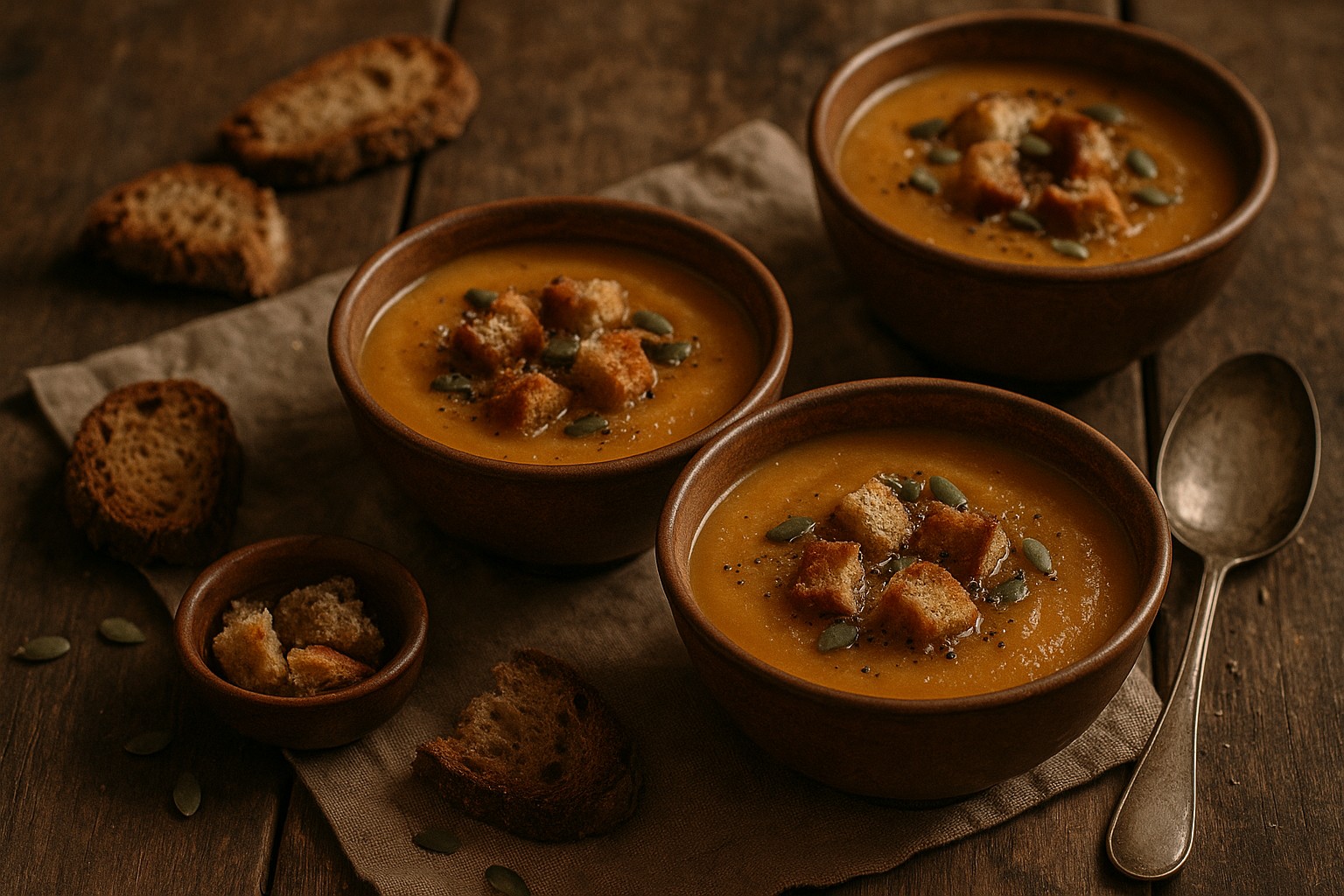 Soupe de citrouille au miel, paprika doux et thym servie dans des bols rustiques