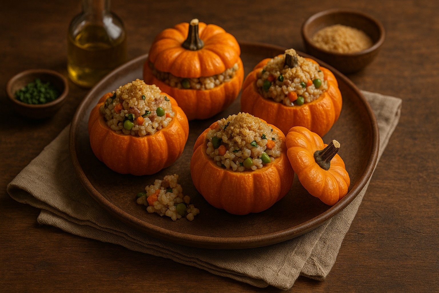 Courges Jack Be Little farcies au riz et à la farce, dorées au four