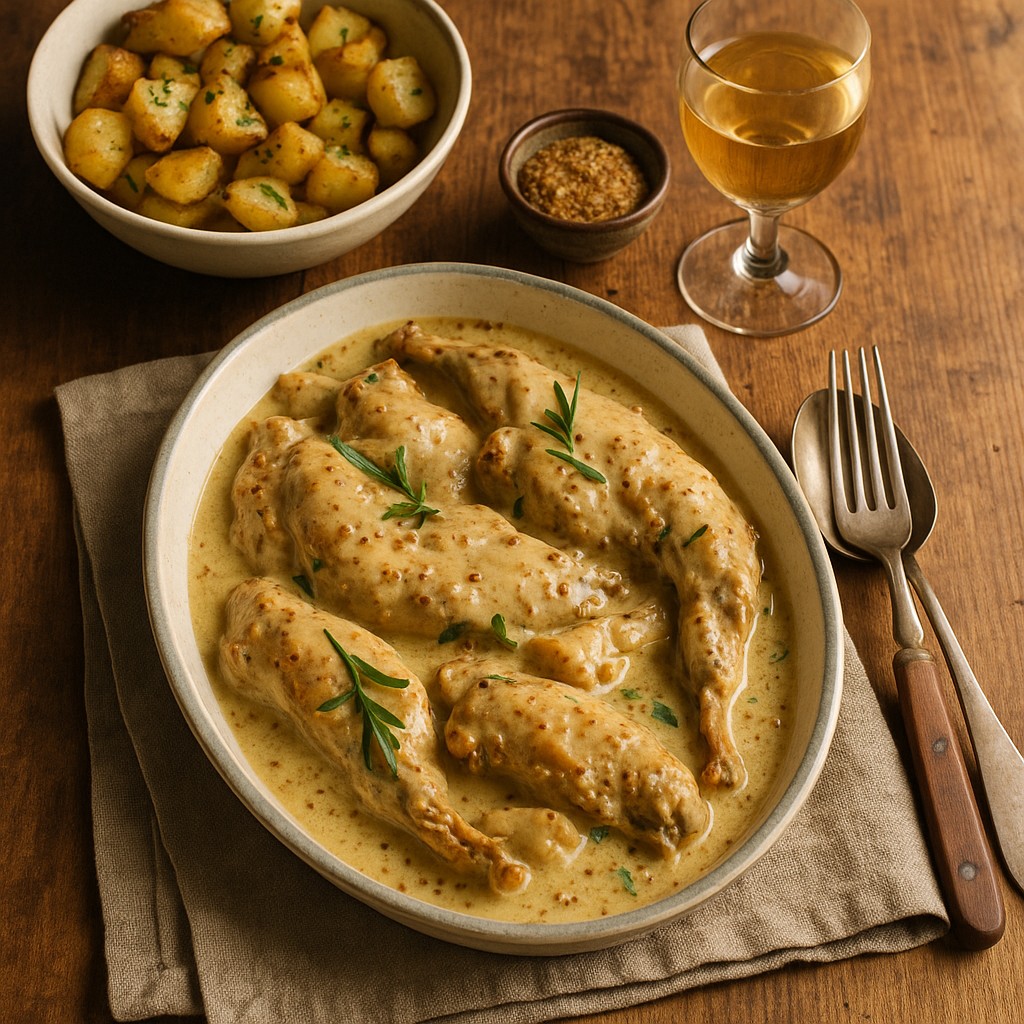 Lapin à la moutarde à l’ancienne servi avec pommes de terre rôties et sauce crémeuse, présentation rustique sur table en bois.