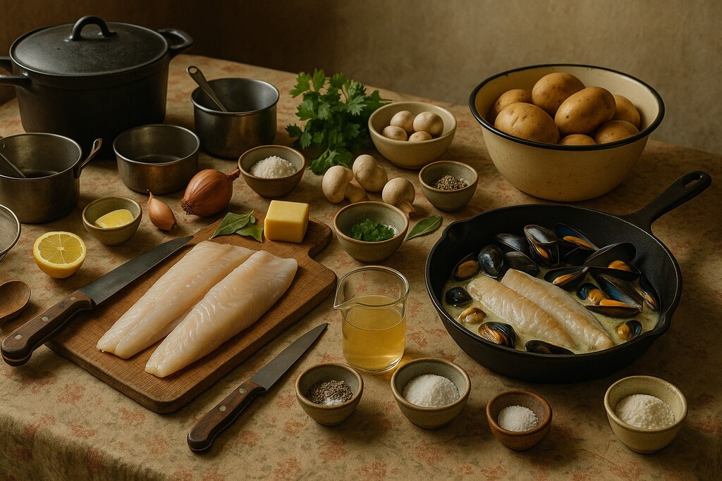Mise en place en angle trois-quarts sur toile cirée fleurie : filets d’aiglefin, moules, pommes de terre, échalotes, champignons, persil, beurre, crème, vin blanc, fumet; poêle en fonte et casseroles.