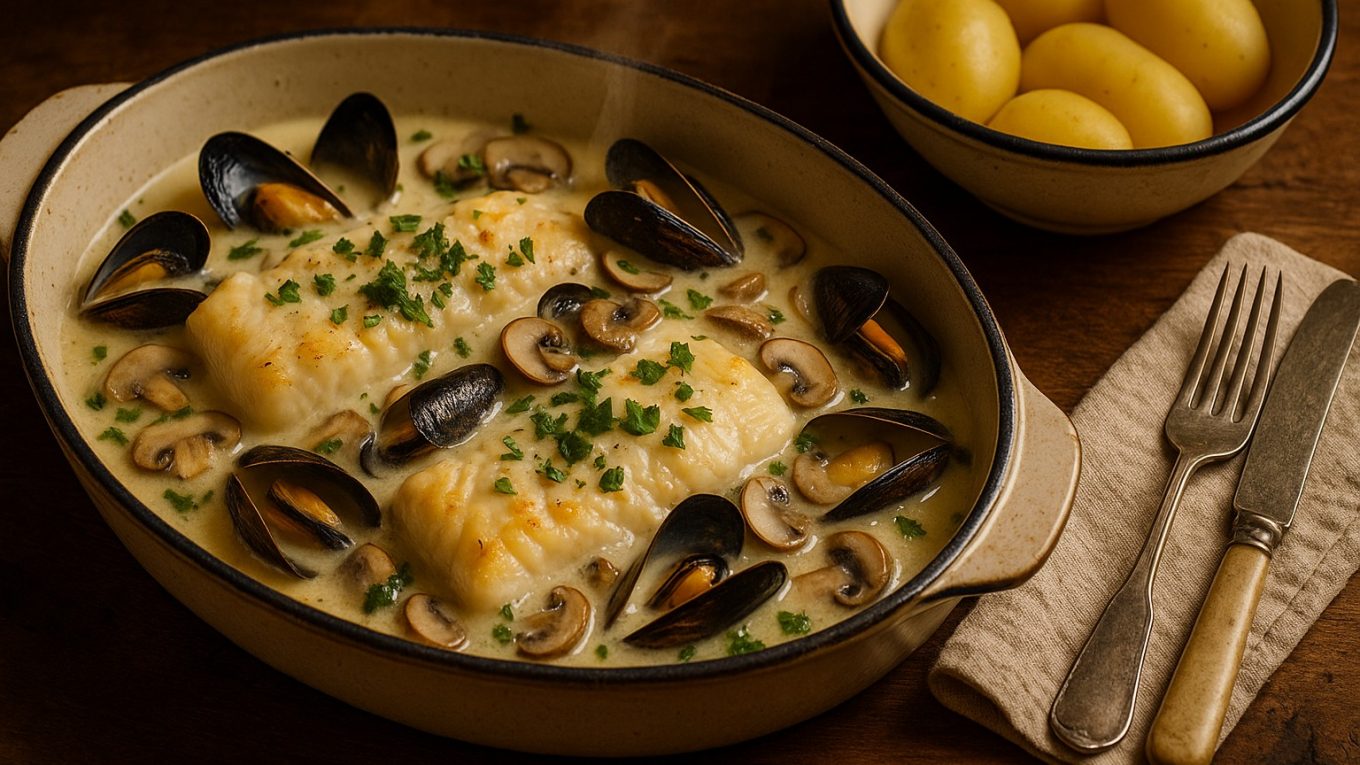 Gros plan d’un plat émaillé contenant l’aiglefin à la dieppoise avec moules, champignons et persil; bol de pommes vapeur, linge et couverts anciens sur table en bois.