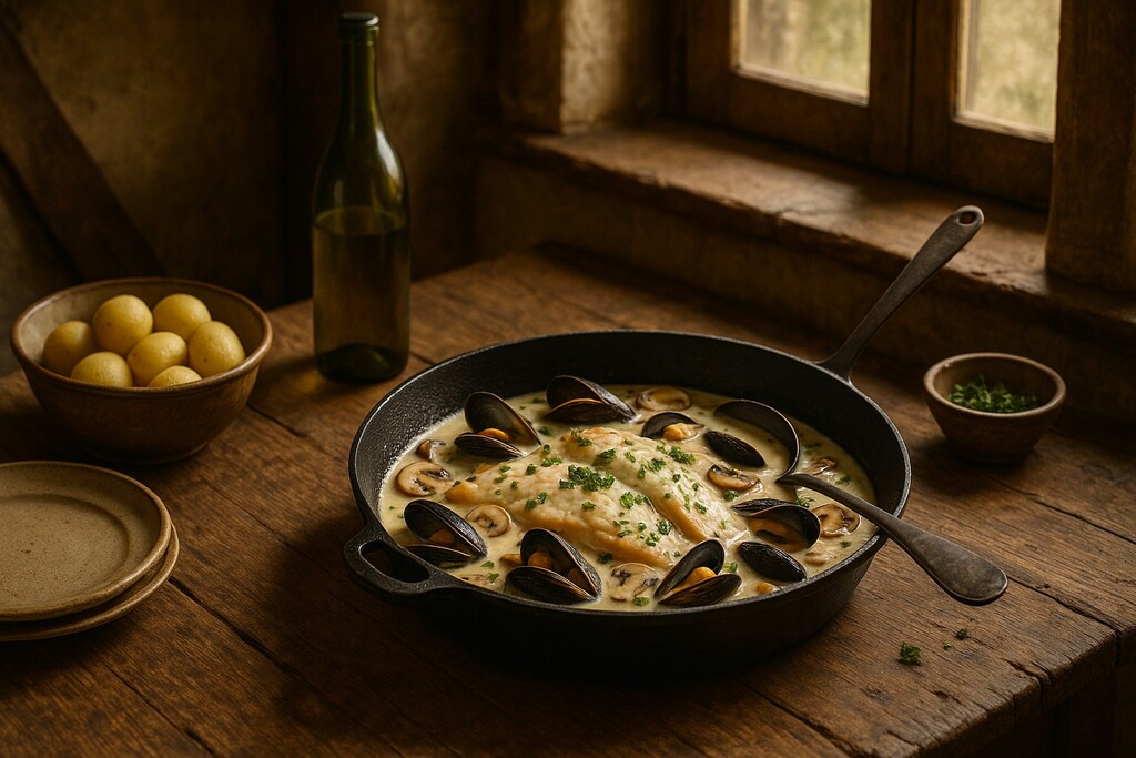 Poêle en fonte avec aiglefin à la dieppoise, sauce crémeuse aux moules et champignons, sur table en bois près d’une fenêtre; pommes de terre et bouteille de vin au fond.