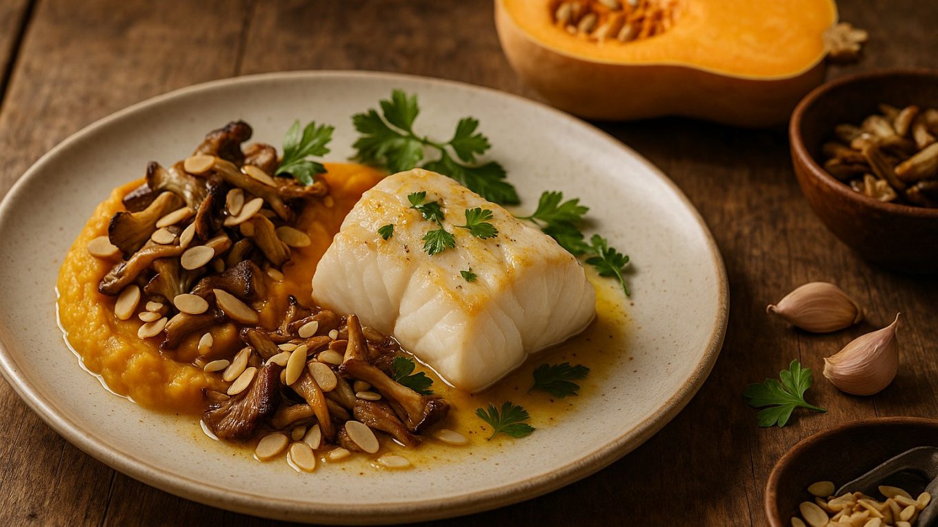 Assiette de cabillaud vapeur et purée de butternut avec pleurotes sautées et amandes grillées, présentation rustique en vue 3/4.
