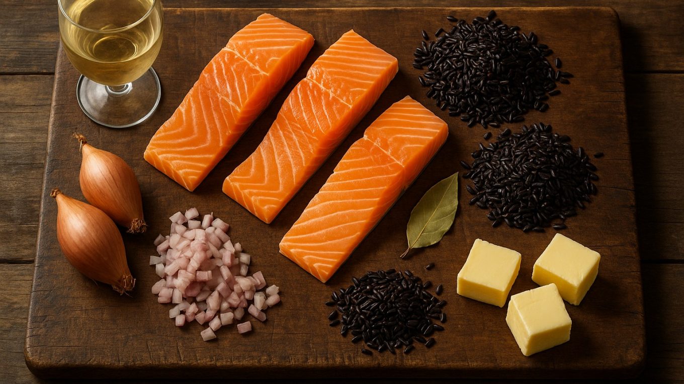 Nature morte rustique présentant pavés de saumon crus, riz noir, échalotes, beurre, vin blanc et laurier sur planche en bois sombre.
