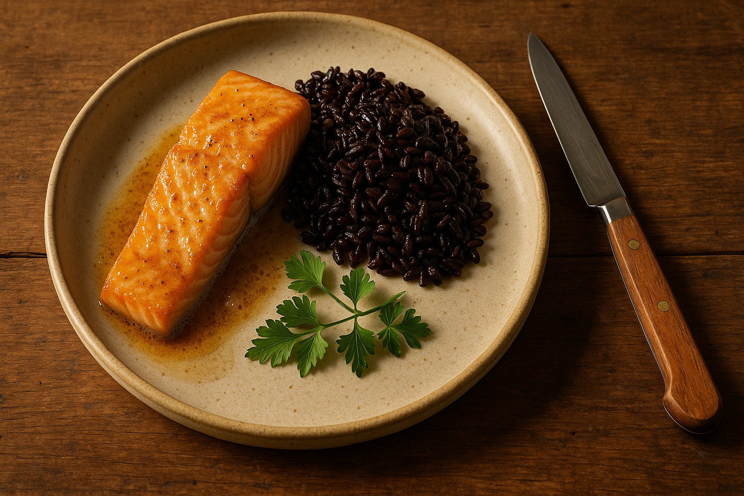 Saumon au beurre noisette avec riz noir aux échalotes servi en assiette rustique