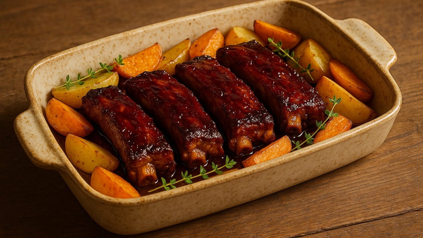 Plat de ribs caramélisés au miel et soja, accompagnés de pommes de terre et patates douces rôties dans un plat en céramique rustique.