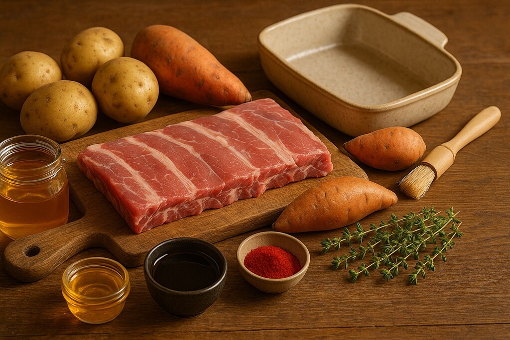 Préparation culinaire rustique : ribs de porc crus sur une planche en bois, pommes de terre, patates douces, miel, sauce soja, paprika et thym frais.
