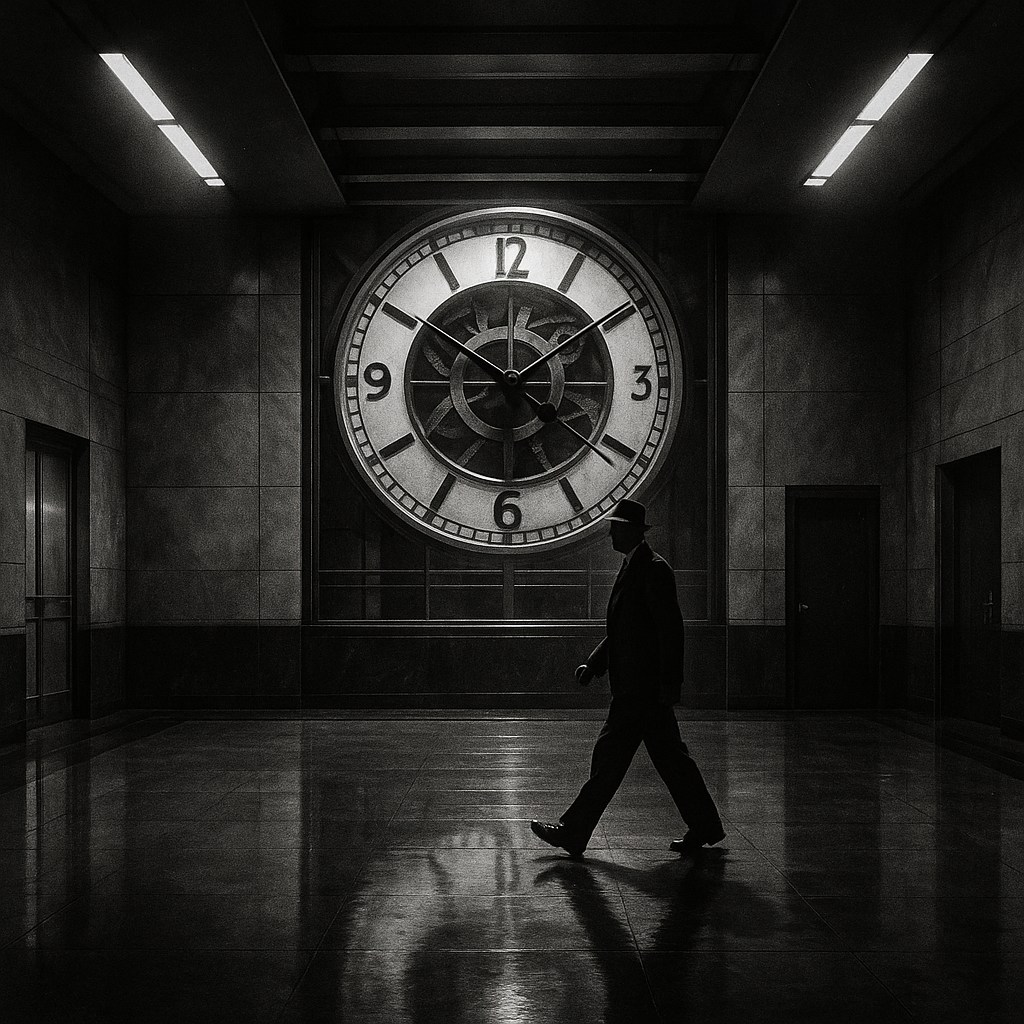 Hall d'immeuble moderniste avec grande horloge, ambiance film noir