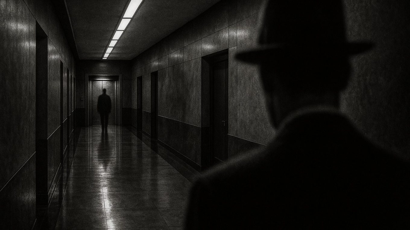 Couloir d’immeuble des années 40 éclairé au néon, silhouette masculine floue observant un homme devant un ascenseur entrouvert, ambiance film noir.