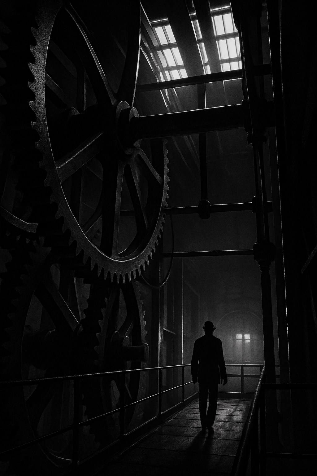 Engrenages massifs d'une horloge géante, silhouette d'un homme sur une passerelle