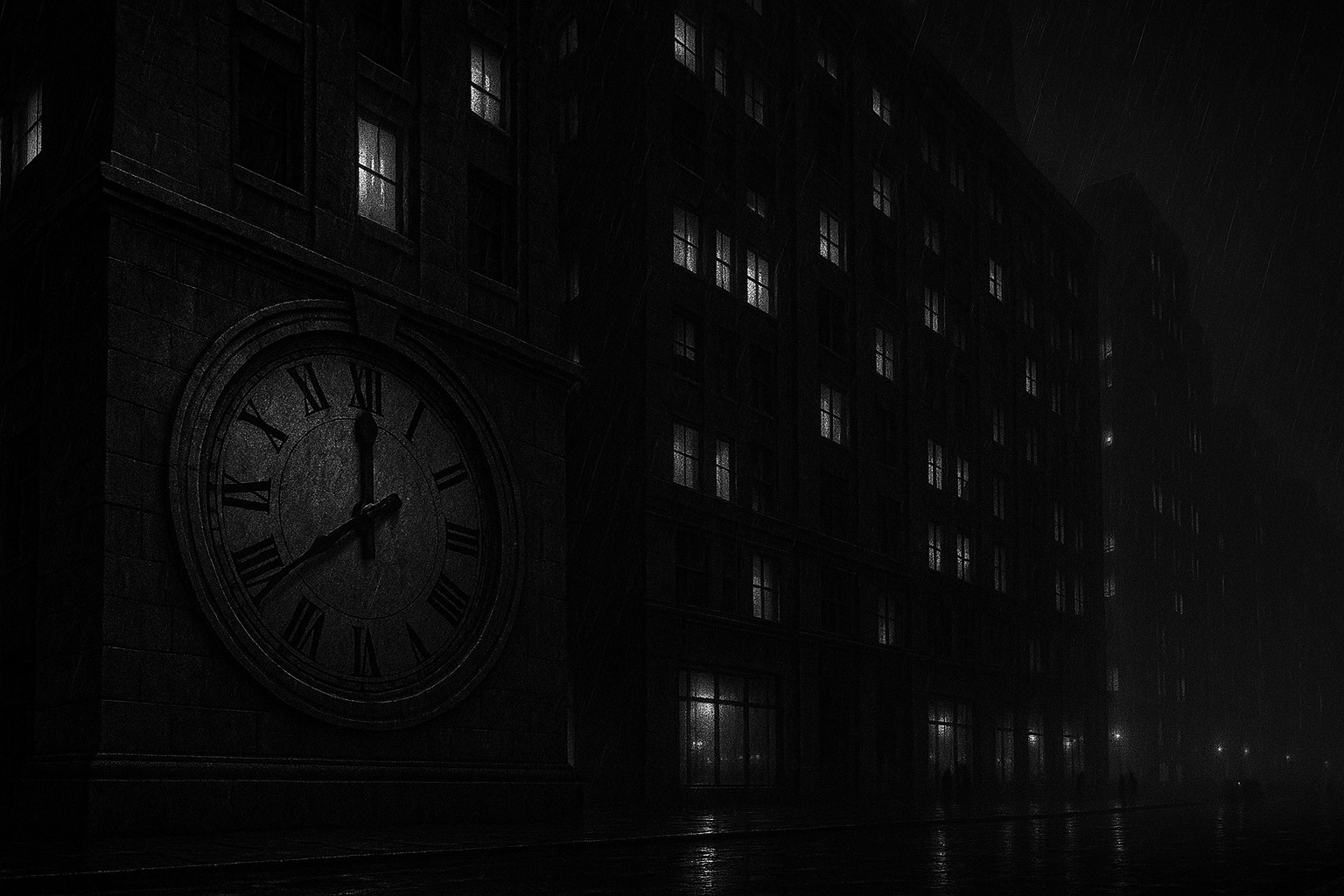Façade de gratte-ciel sous la pluie, ambiance film noir années 40
