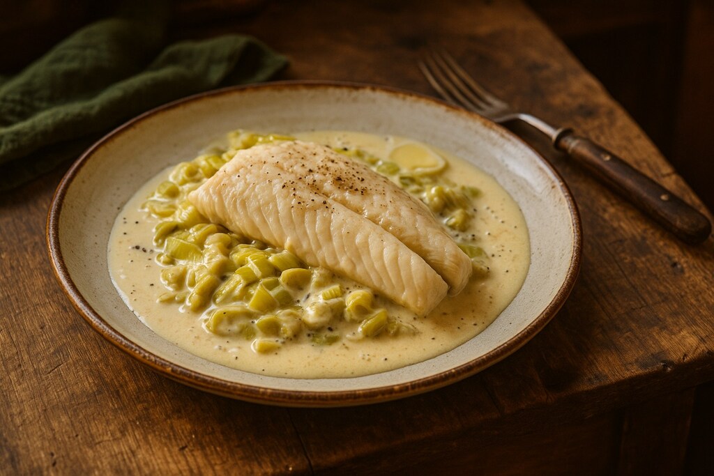 Assiette rustique de filet de julienne nappé d’une sauce crémeuse aux poireaux, posée sur une table en bois ancien, éclairée par une lumière chaude de cuisine de campagne.