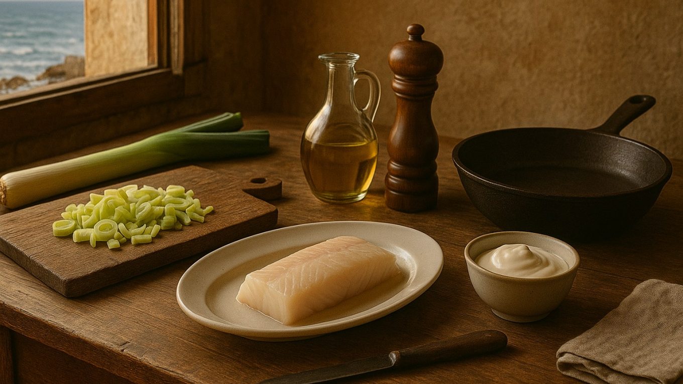 Ingrédients disposés sur une table en bois dans une cuisine rustique : filet de julienne cru, poireaux émincés, crème fraîche, huile et poêle en fonte, avec vue sur la mer à travers une fenêtre ouverte.