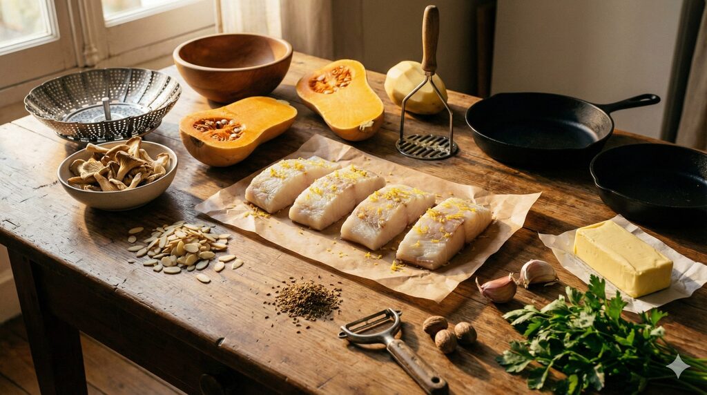 Ingrédients et ustensiles du cabillaud d’automne : dos de cabillaud, butternut, pleurotes, amandes, beurre, épices et matériel de cuisine, sur table rustique.