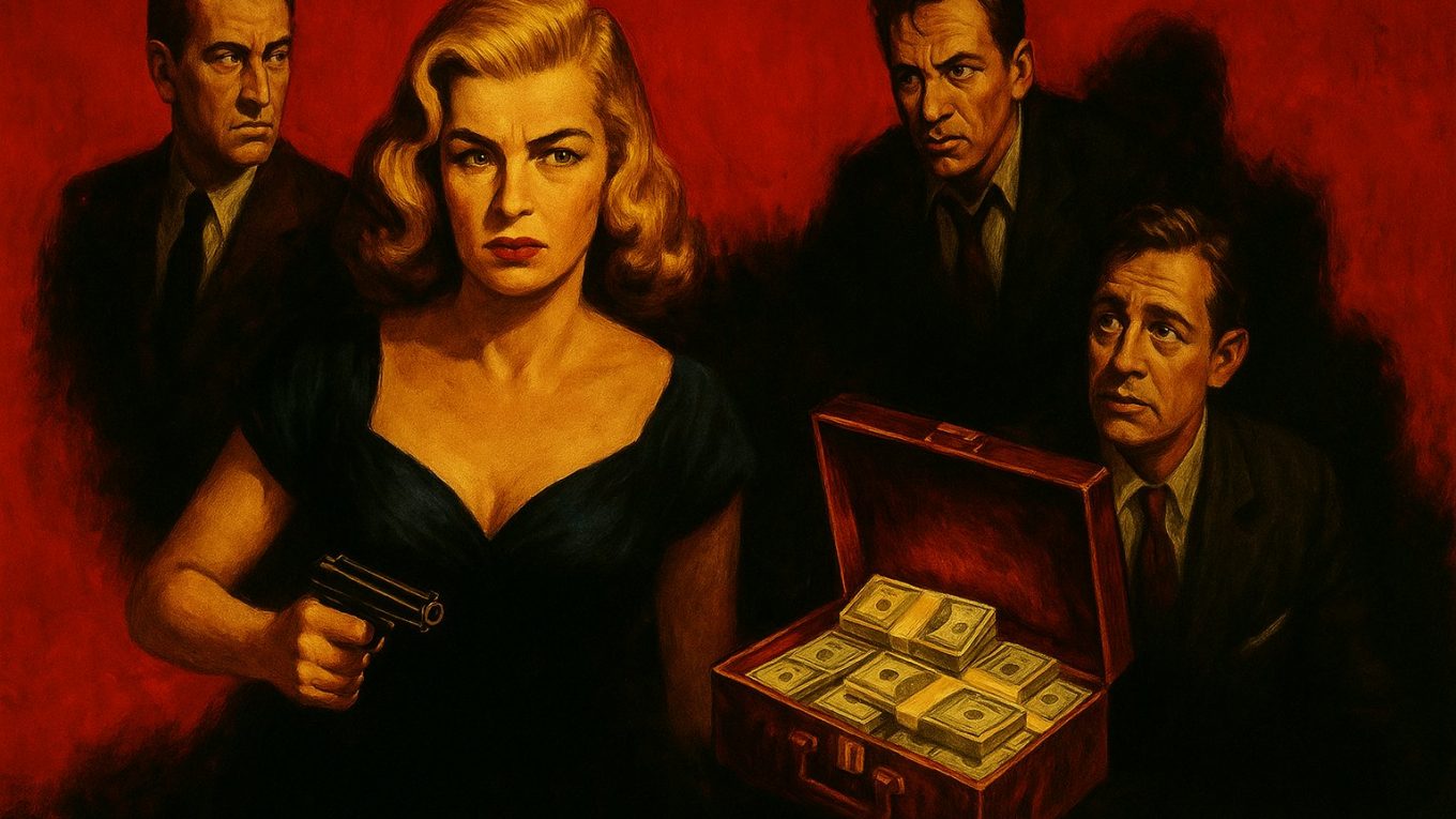 Illustration film noir : une femme déterminée tenant un revolver, entourée de trois hommes en costumes, avec une valise pleine d’argent au premier plan, style peinture des années 40.