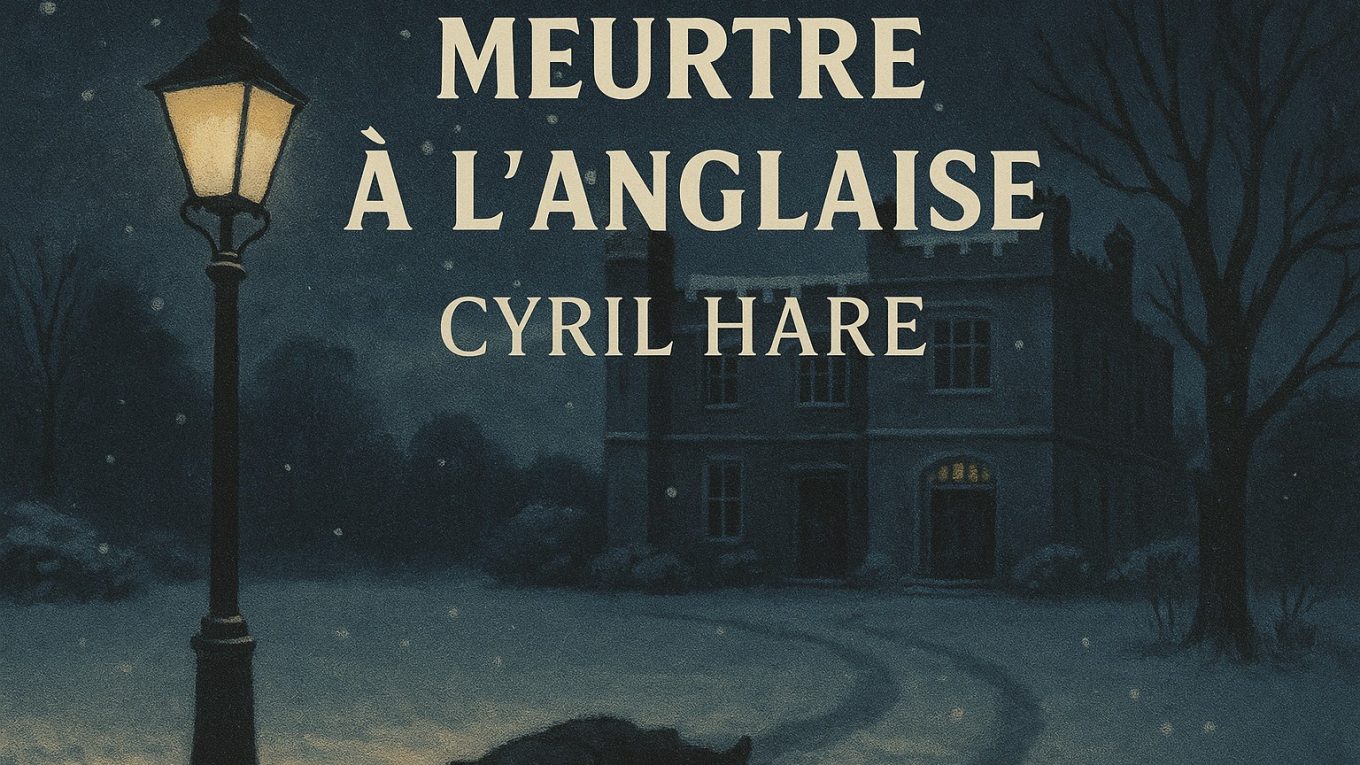 Illustration réaliste d’un manoir anglais enneigé, inspirée du roman policier Meurtre à l’anglaise de Cyril Hare (1951) — ambiance de film noir britannique, huis clos d’hiver, satire sociale et mystère aristocratique.
