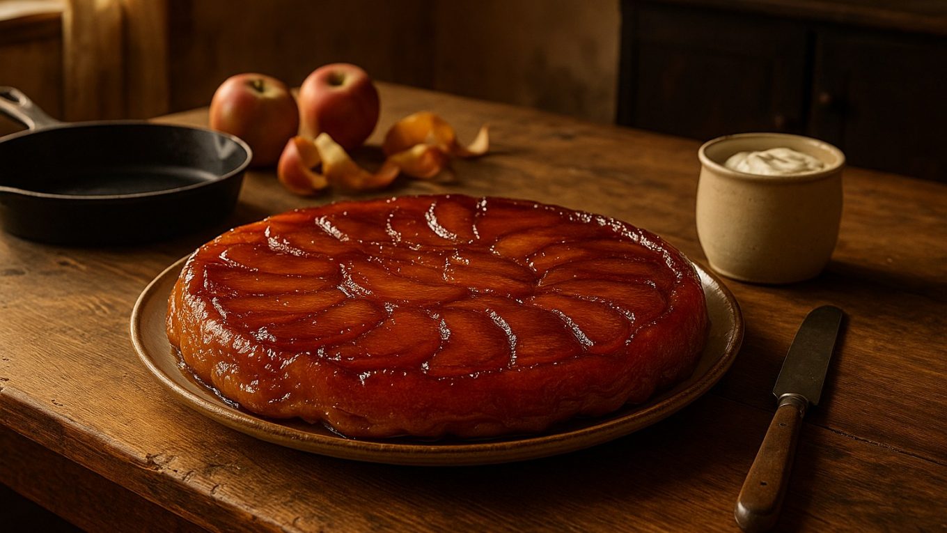 Tarte Tatin traditionnelle sortie du four, pommes bien caramélisées et nappage brillant, présentée sur un plat en faïence blanche, ambiance de cuisine rurale française.
