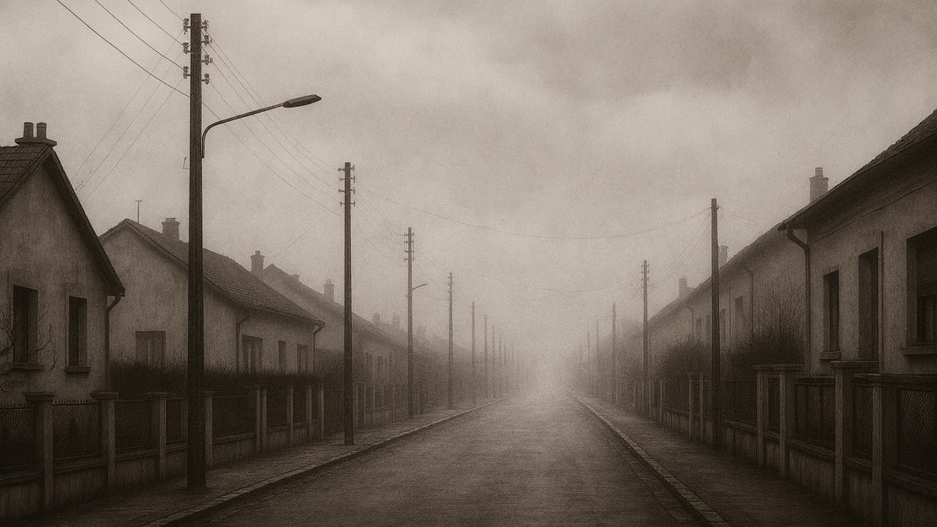 Rue résidentielle déserte par temps de brouillard, maisons anciennes alignées et poteaux électriques, ambiance nostalgique et brumeuse.