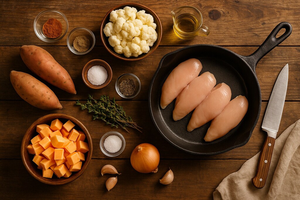 “Ingrédients du poulet mijoté aux patates douces et chou-fleur disposés sur une table en bois avec la sauteuse et un couteau.”