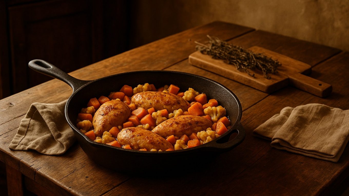 “Plat de poulet mijoté avec patates douces et chou-fleur posé sur une table en bois, dans une cuisine rustique éclairée par une lumière dorée.”