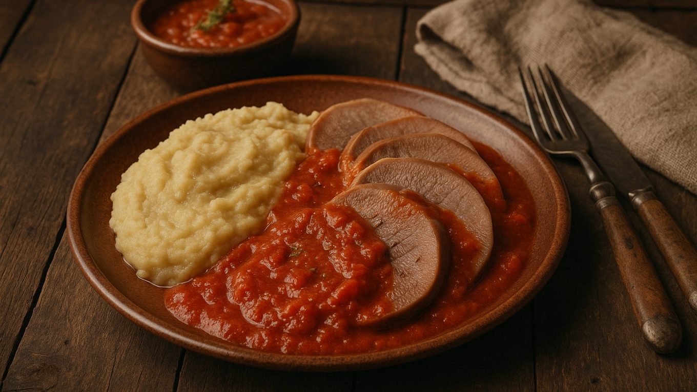 Assiette de langues de porc tranchées nappées de sauce tomate avec purée de céleri-rave, en présentation rustique.