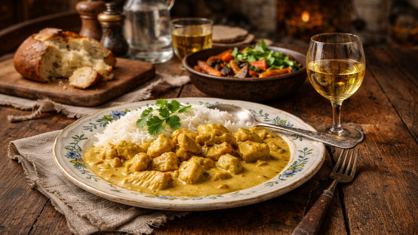 Poulet coco-curry au Cookeo avec riz crémeux, servi dans une assiette ancienne sur table en bois rustique.