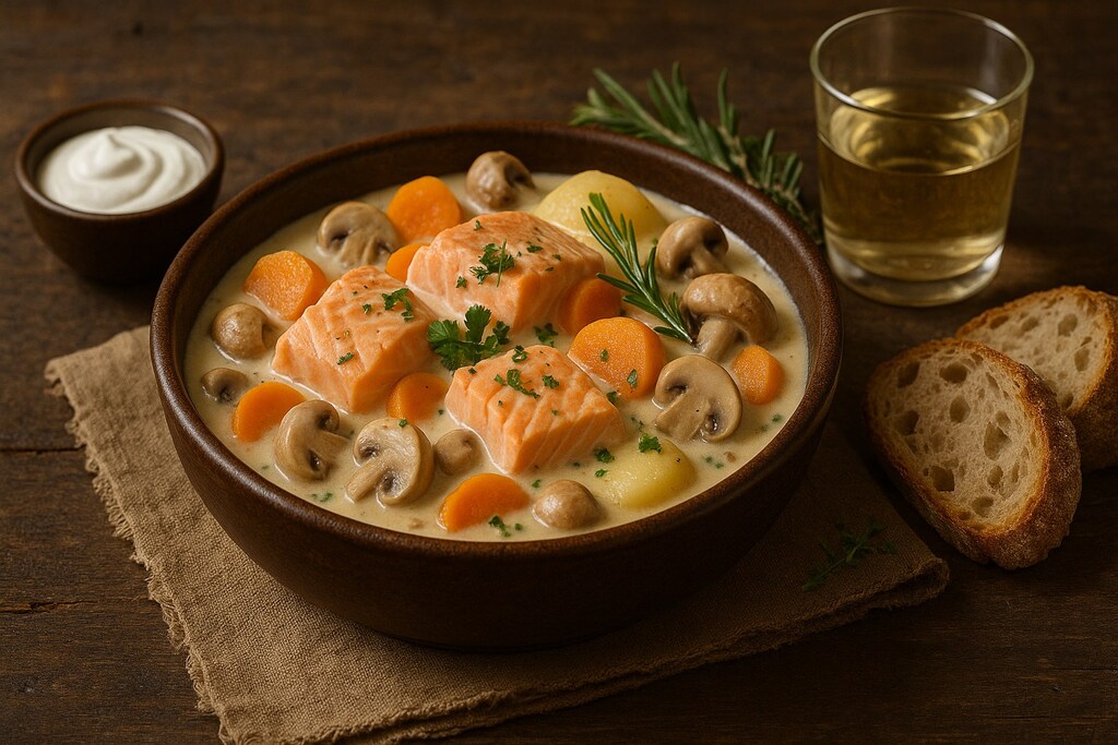 Blanquette de saumon servie dans un bol rustique, avec carottes, pommes de terre, champignons et sauce crémeuse, en vue 3/4.