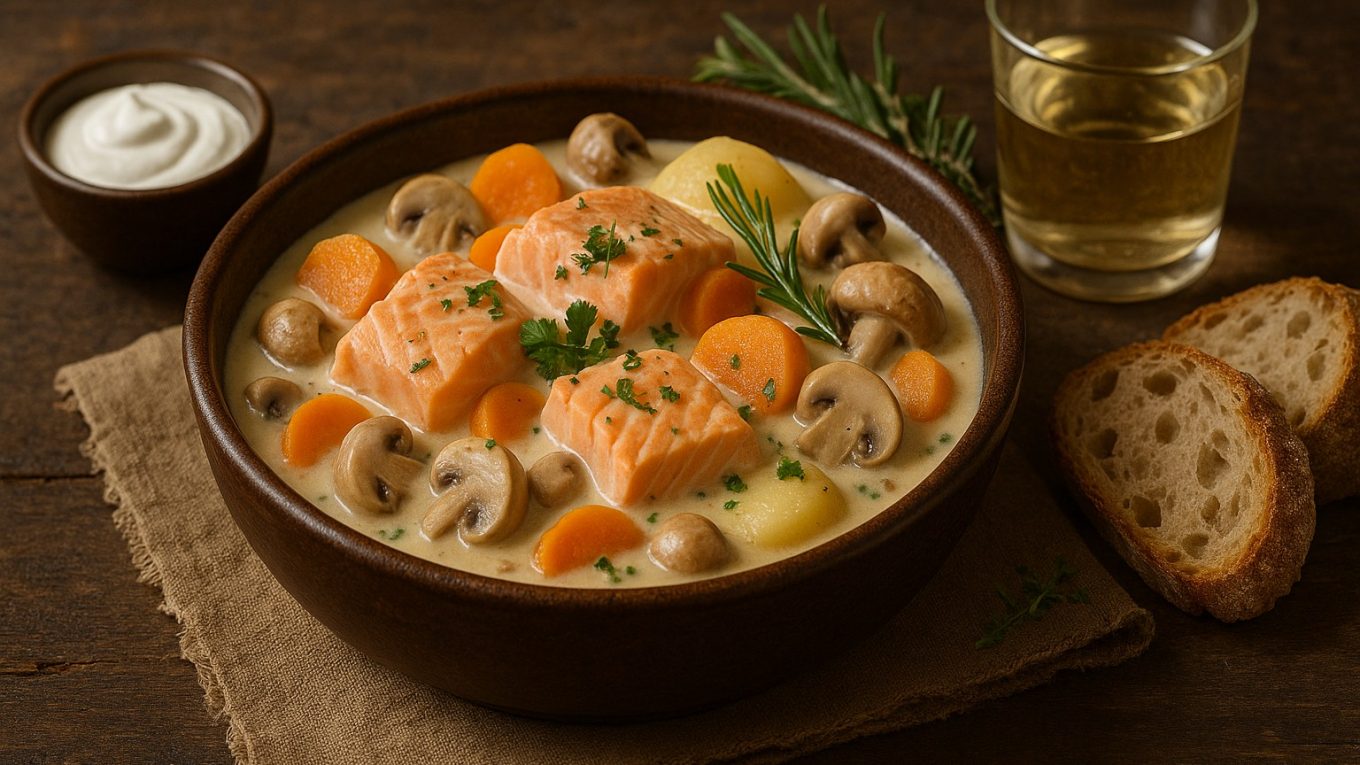 Blanquette de saumon servie dans un bol rustique, avec carottes, pommes de terre, champignons et sauce crémeuse, en vue 3/4.