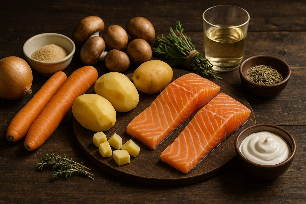 Ingrédients de la blanquette de saumon disposés sur une table en bois rustique : pavés de saumon, carottes, pommes de terre, champignons, oignon, romarin, vin blanc et crème fraîche, en vue 3/4.
