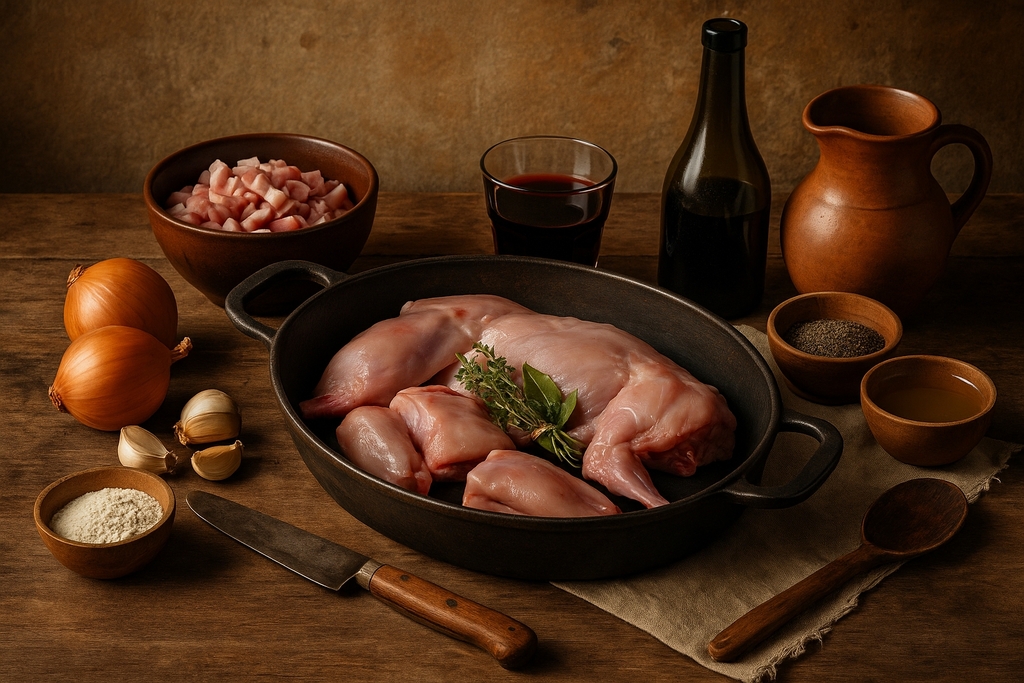Lapin cru et ingrédients de la gibelotte disposés sur une table en bois rustique avec cocotte, lardons, oignons et vin rouge