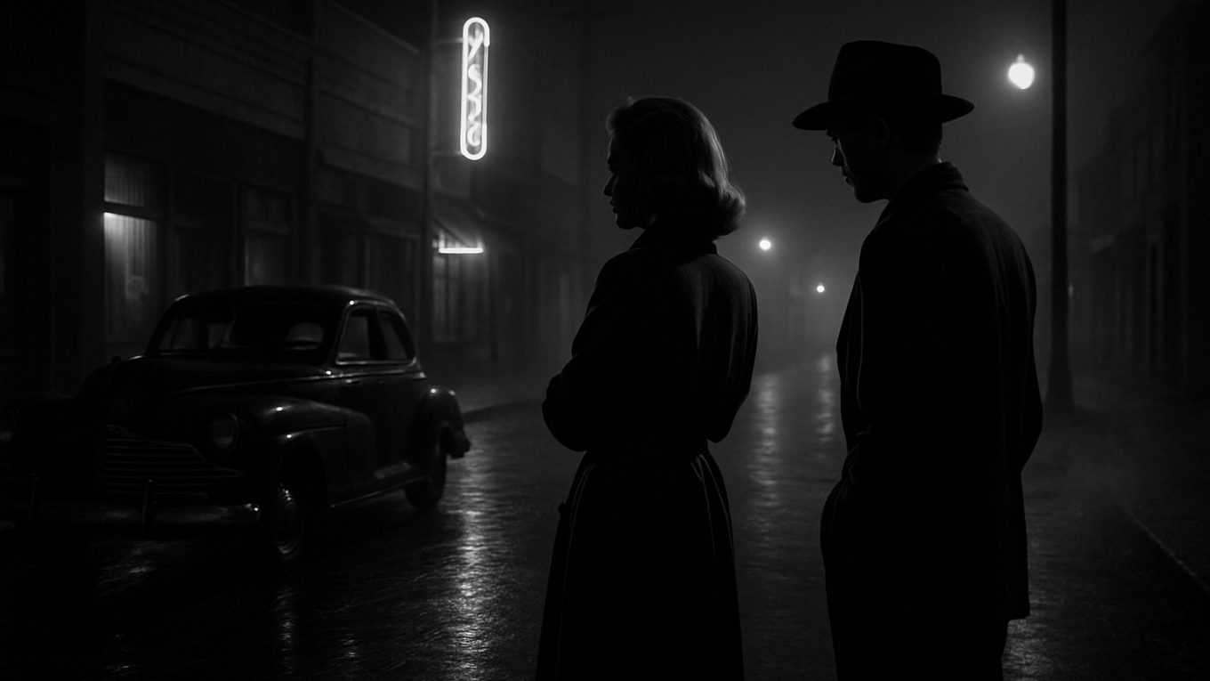 Rue nocturne plongée dans le brouillard, un homme et une femme en manteaux sombres observés de dos, près d’une voiture ancienne, ambiance film noir des années 1940.